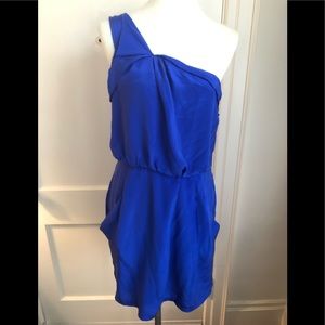 Greylin royal blue, one-shoulder silk dress.